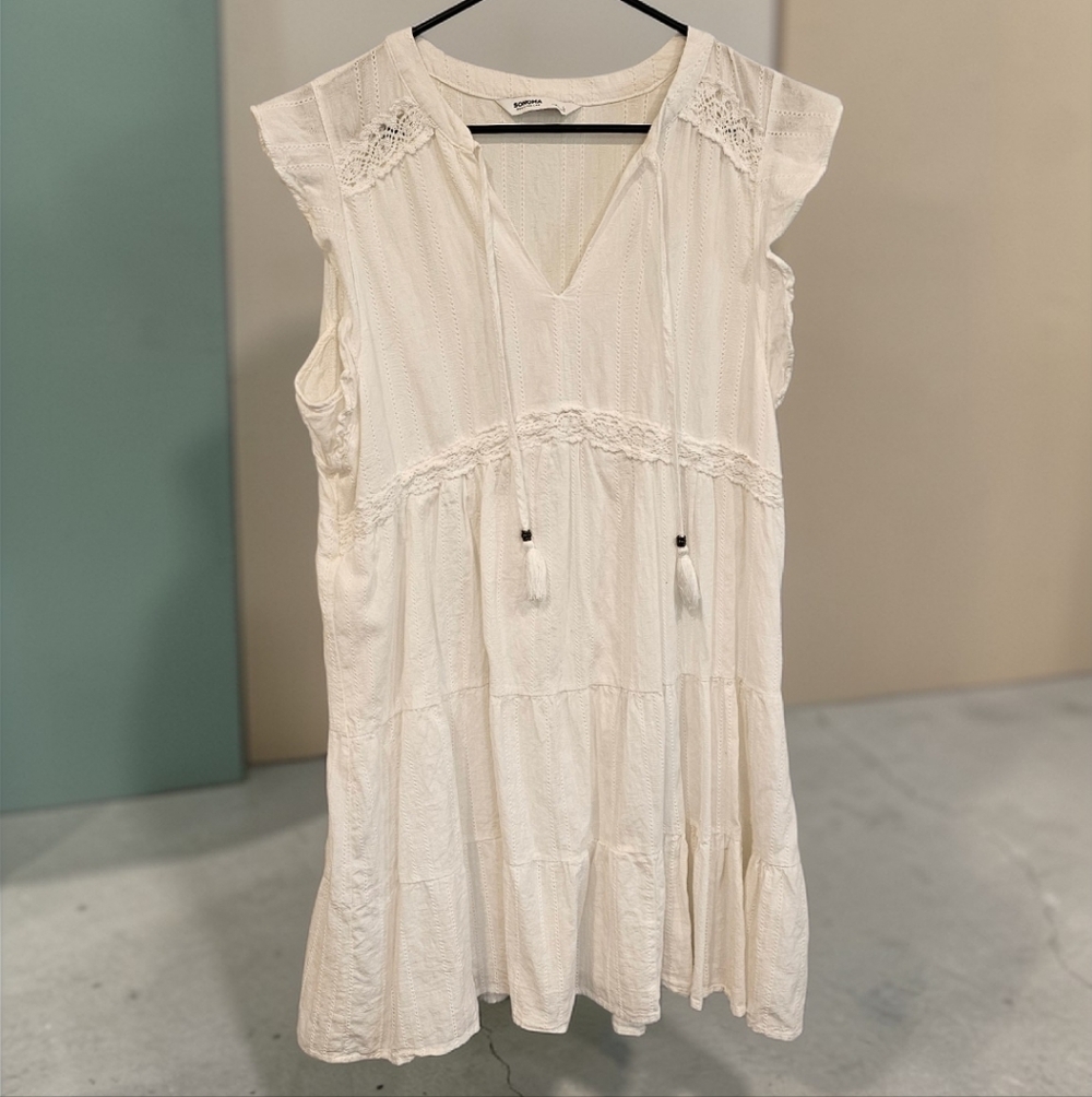 NWOT White Boho Tiered Tassel V-Neck Dress Size-L